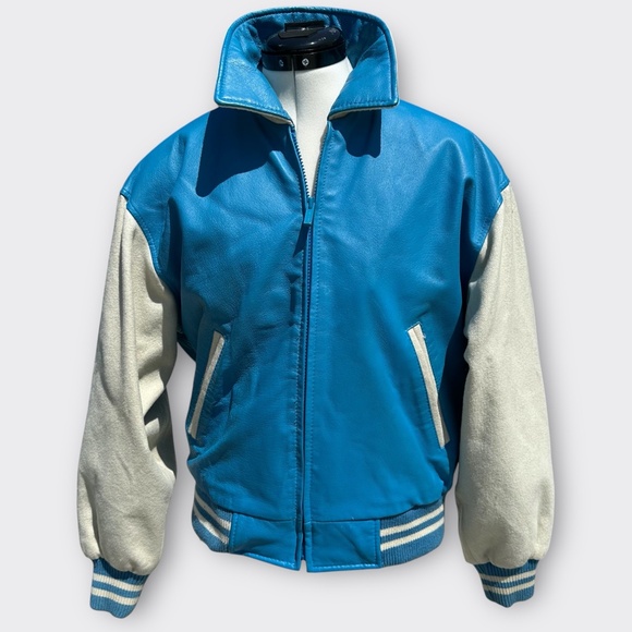 WILSONS LEATHER Varsity Bomber Jacket Genuine Leather Wool Sleeve Blue Cream XS - Picture 2 of 12